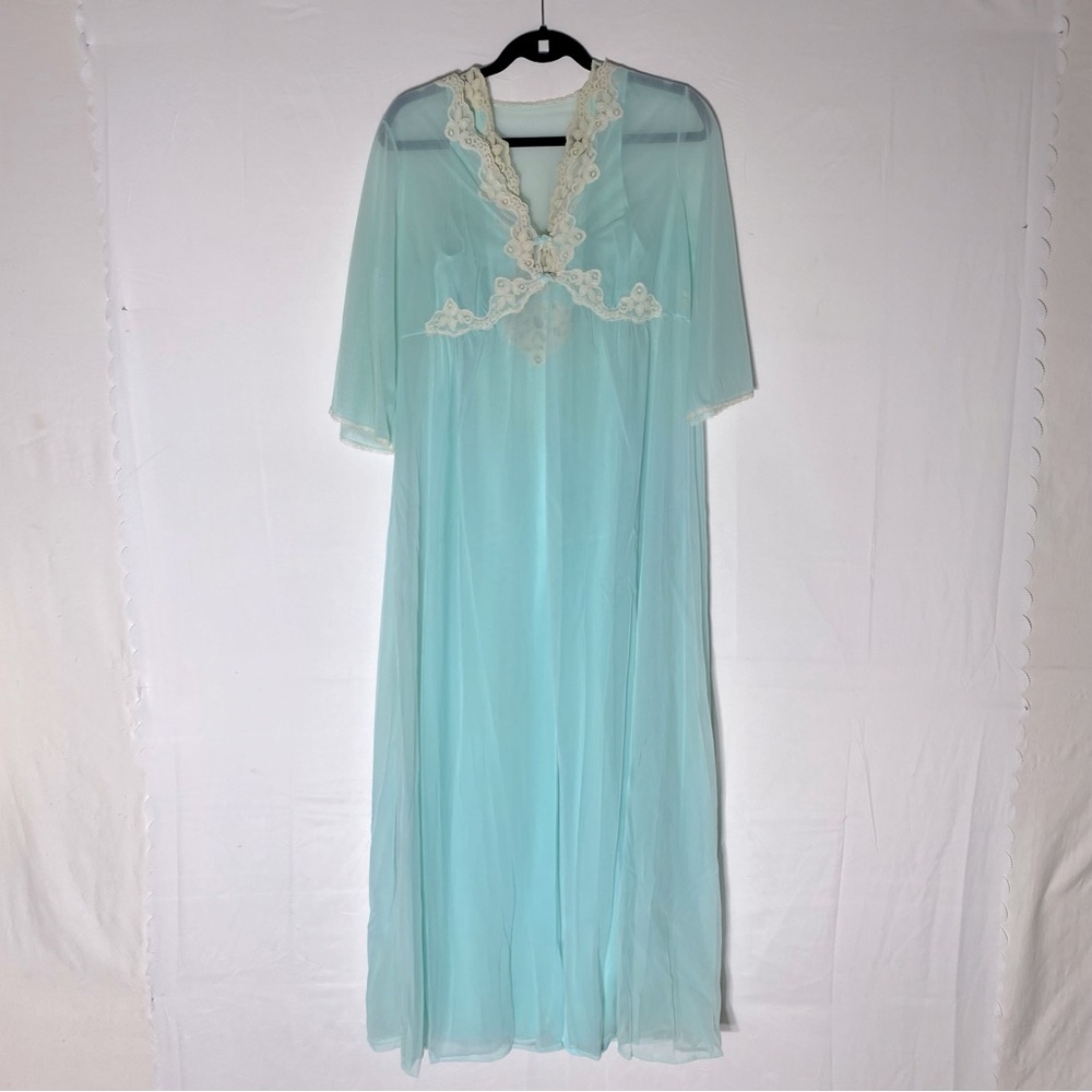 Vintage Kayser Blue Nylon W Ivory Lace Slip Dress Lingerie W Matching Duster M/L